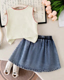 Girls Cherry Embroidered Top & Frilled Denim Skirt Set (3 Colours)