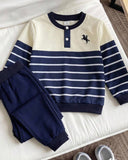 Boys Beige & Blue Striped 2-Piece Sweatshirt & Pants Set