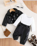Baby Girl 3-Piece Black & White Grunge Outfit Set – Graphic Jacket, Top & Pants