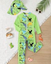 Boys Green Animals Print Long Sleeve One-Piece Swimsuit and Hat