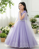 Girls’ Elegant Purple Sequin Princess Dress with 3D Floral Shawl