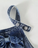 Girls Vintage Blue Denim Jumpsuit with 3D Bow & Butterfly Embroidery