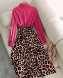 Women's Elegant Waist Cinched Slim Fit Leopard Print Pleated Flare Maxi Dress