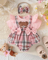 Baby Girls' Ruffle Sleeve Patchwork Cartoon Bear Bow Pink Embroidered Dress + Headband
