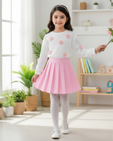 Girls 2PCS Floral 3D Pink Knitted Sweater & Pleated Skirt Set – European Style