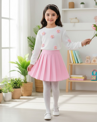Girls 2PCS Floral 3D Pink Knitted Sweater & Pleated Skirt Set – European Style