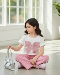 Tween Girls Pink Graphic Tee & Bow Pants Set