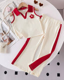 2pcs Girls 3D Floral Knitted White and Red Polo Vest And Flared Pants