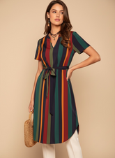 Summer Vacation Outfits Striped Print Belted Dress