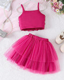 Girls Fuchsia Floral Embroidery Top & Tulle Skirt 2-Piece Set