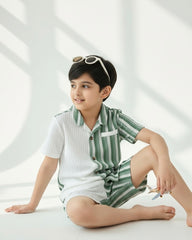 2pcs Boys Casual Green Striped Outfit Set – Short Sleeve Shirt & Matching Bottoms