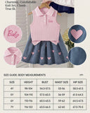Girls’ Pink Polo Knit Top & Light Blue Heart Print Denim Skirt