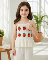 Girls 2PCS Strawberry Crochet Lace Camisole & Wide-Leg Pants Set