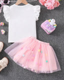 Girls Pink 3D Unicorn Cap Sleeve T-Shirt & Mesh Skirt 2-Piece Set