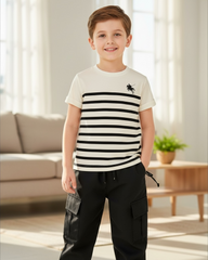2pcs Boys Striped White & Black Polo Style Shirt And Pants Set