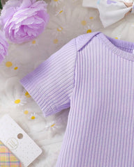 3pcs Baby Girls Purple Ribbed Romper & Ruffled Overall Dress Set with Bow Headband