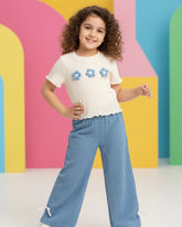 2pcs/Set Young Girls Textured Fabric T-Shirt With 3D Floral Decor & Casual Pants
