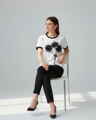 Plus Size Women B&W 3D Floral Embellishment T-Shirt