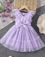 Kids Young Girl V-Neck Mauve purple Mesh Dress With Ruffles And Pleats