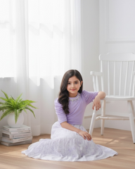 Tween Girl 2Pcs Outfit – Light Purple Faux Pearl Top & Floral Ruffle Skirt Set