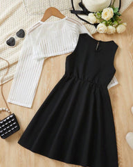 2pcs Spring/Summer Solid Color Outfit Set For Tween Girls - Long-Sleeved Hollow Crop Top And Sleeveless Dress With Round Neckline