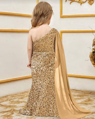 Luxury One-Shoulder Sequin Girls' Dress With Ultra-Long Chiffon Sleeves & Fish Tail Floor-Length Skirt
