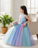 Girls Rainbow Ombre Princess Dress – Sleeveless Bow Tulle Puffy Long Gown