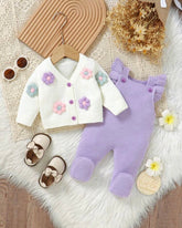 Newborn Baby Girl Purple 3D Floral Pattern Knitted Cardigan And Romper