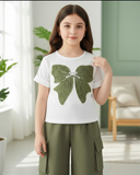 Girls’ Green Embroidered Bow White Short Sleeve Top & Cargo Pants Set