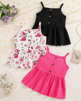 3PCS Girls Pink and Black Ruffle Trim Camisole Tops Set