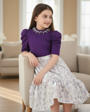Tween Girl 2Pcs Outfit – Dark Purple Faux Pearl Top & Floral Ruffle Skirt Set