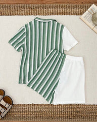 2pcs Boys Casual Green Striped Outfit Set – Short Sleeve Shirt & Matching Bottoms