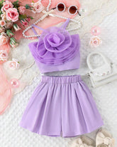 Girls Purple 2pcs 3D Flower Patchwork Camisole Top + Shorts