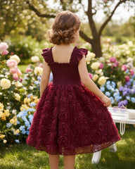 Floral Patchwork Summer Dress – Burgundy Colour Faux Shirred Cap Sleeve Dress