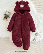 Baby Boy Meroon Bear Pattern Winter Hooded Jumpsuit