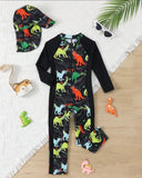 Boys Black Animals Print Long Sleeve One-Piece Swimsuit & Hat