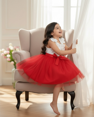 Kids Girls 3D Red Floral Mesh Sleeveless Summer Party Dress