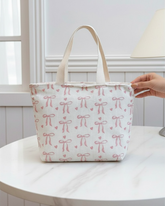 White Bow & Heart Print Travel Tote Bag