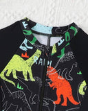Boys Black Animals Print Long Sleeve One-Piece Swimsuit & Hat