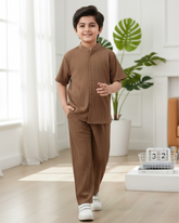 Tween Boys Brown Textured Shirt & Trouser Set