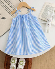 Baby Girl Blue Floral Suspender Dress with Bow – Summer Elegant Outfit