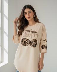 Plus Size Women Leopard Cherry Print Casual Loose Short Sleeve T-Shirt