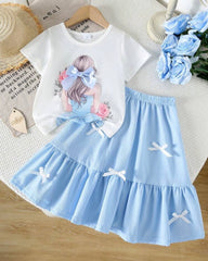 Bow Print T-Shirt & Sky Blue A-Line Skirt
