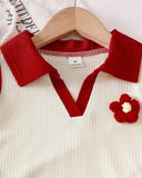 2pcs Girls 3D Floral Knitted White and Red Polo Vest And Flared Pants