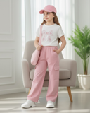 Tween Girls Pink Bow Embroidery T-Shirt with Cargo Pants Set