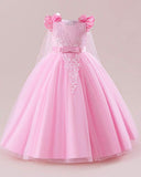 Girls Pink Floral Lace Princess Dress – Bowknot Long Gown