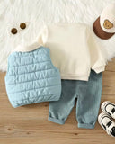 Baby Boy sweatshirt, fleece-lined pants, and Sky Blue vest jacket