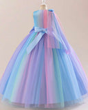 Girls Rainbow Ombre Princess Dress – Sleeveless Bow Tulle Puffy Long Gown