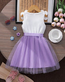 Kids Girls 3D Purple Floral Mesh Sleeveless Summer Party Dress