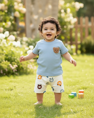 Baby Boy Bear Sky Blue Ribbed Summer Set